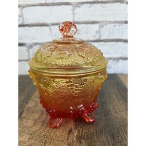 Vintage Jeanette Glass Amberina Ombre Footed Candy Dish & Lid Harvest Grape